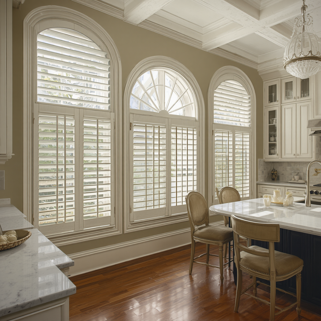 Plantation shutters on tall arched windows, built to last for decades